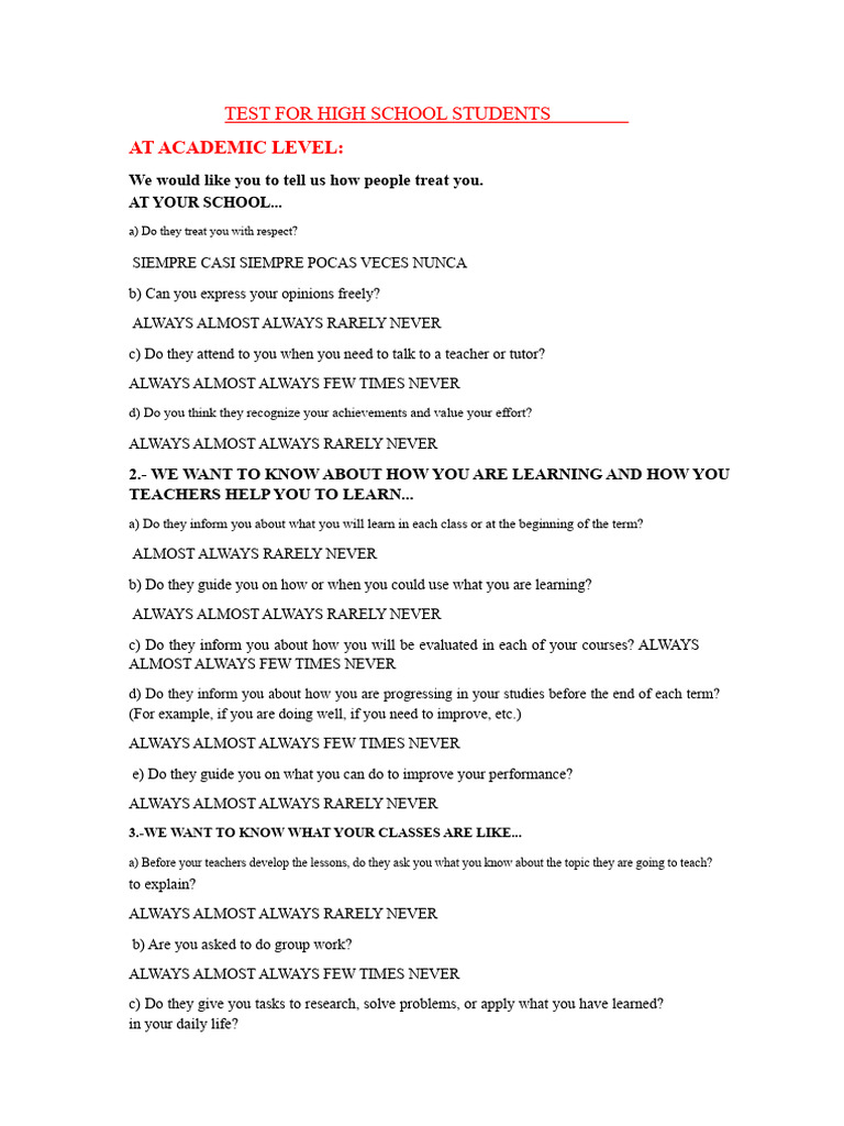 Test For High School Students | PDF | Teachers | Psychological Concepts