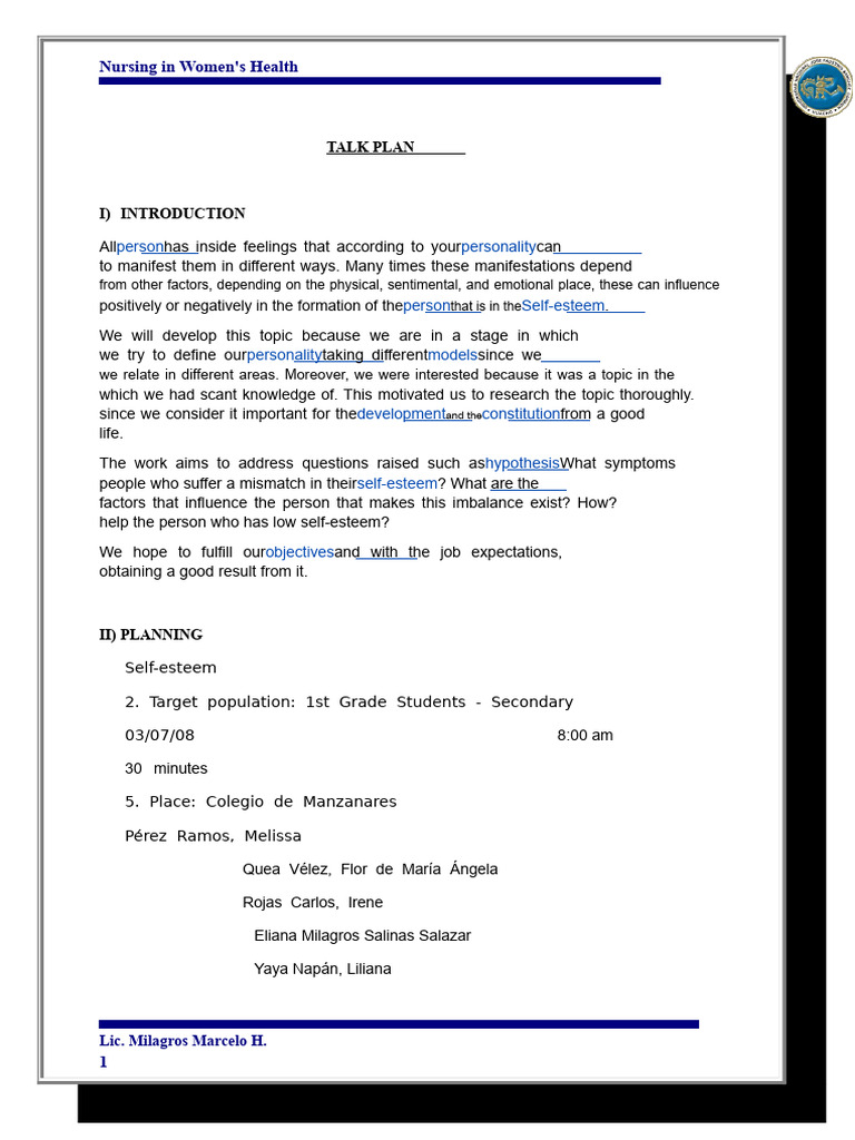 TALK PLAN - Self-Esteem | PDF | Adolescence | Self Esteem