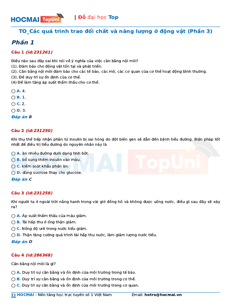 Dap An Cac Qua Trinh Trao Doi Chat Va Nang Luong o Dong Vat Phan 3 | PDF