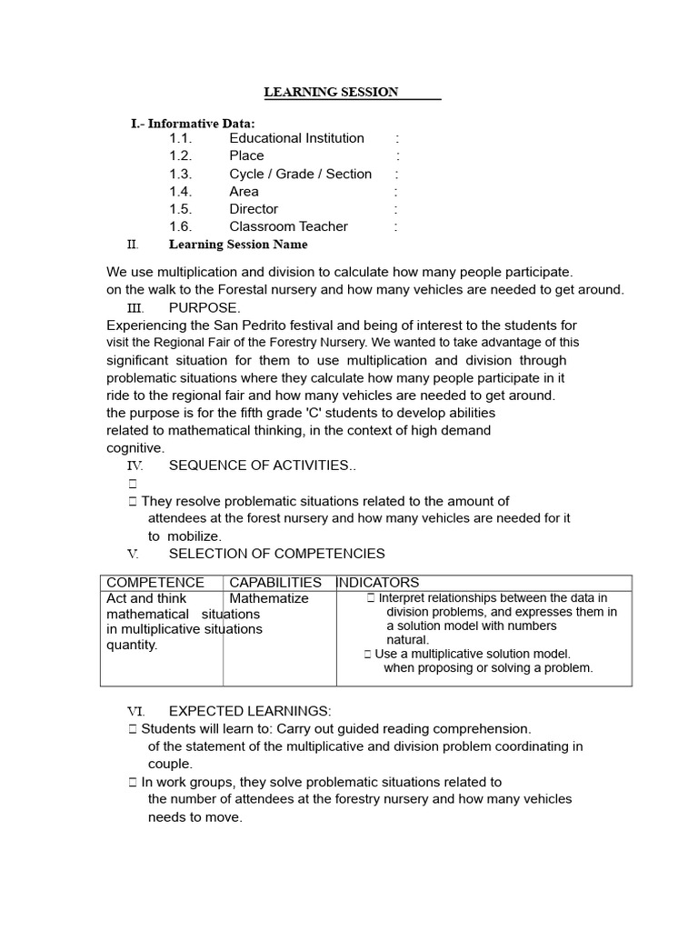 Session of Learning. Mathematics - Multiplication and Division | PDF ...