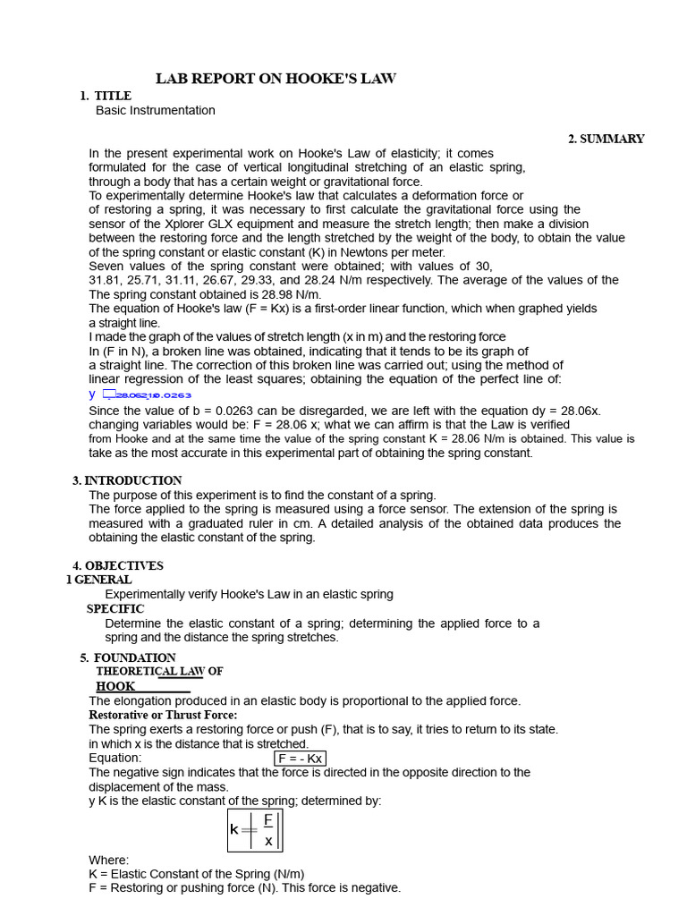 Laboratory Report On Hooke's Law | PDF | Force | Elasticity (Physics)