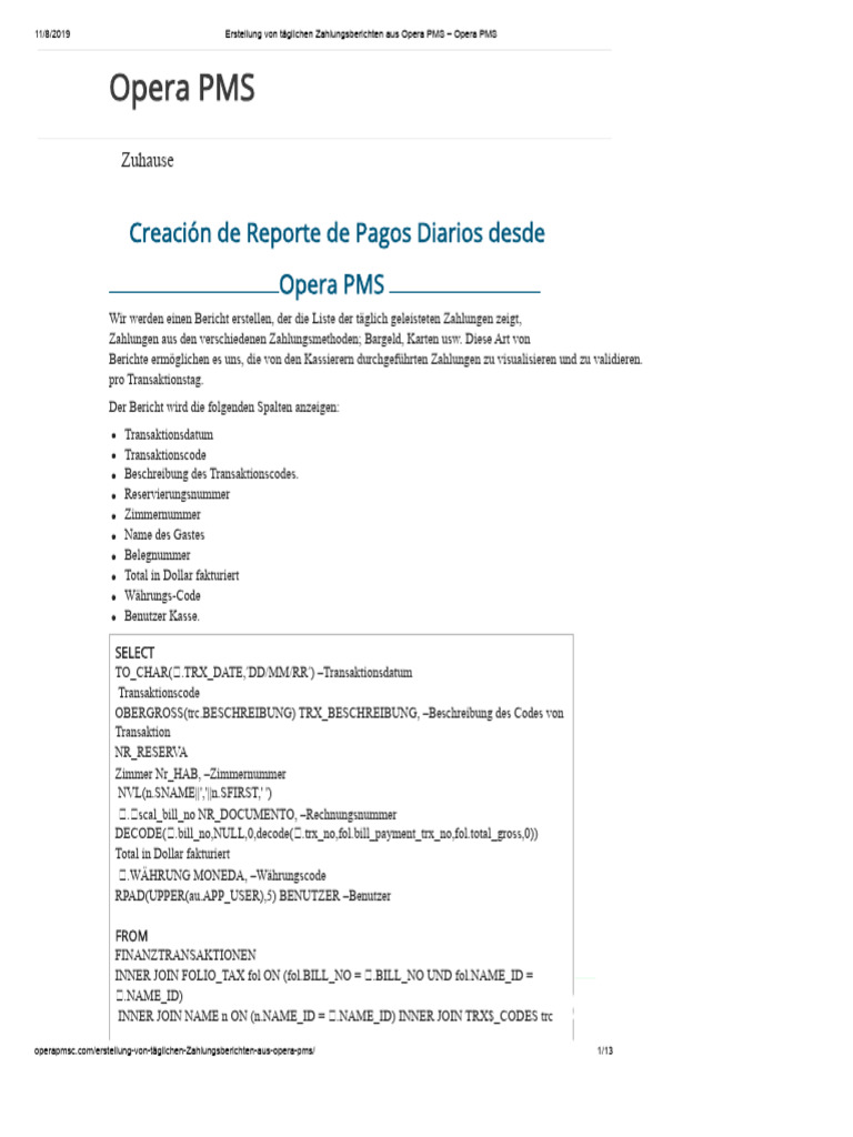 Erstellung Von Täglichen Zahlungsberichten Aus Opera PMS - Opera PMS | PDF