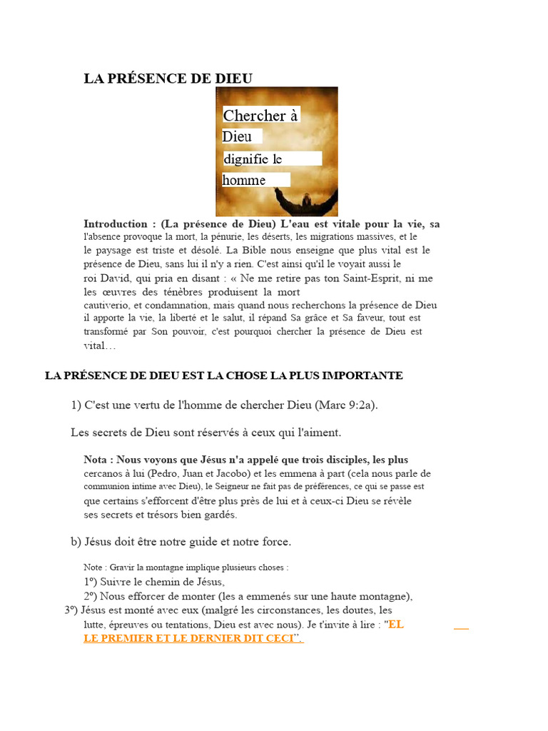 Importance de la Présence de Dieu | PDF | Dieu | Évangile selon Marc
