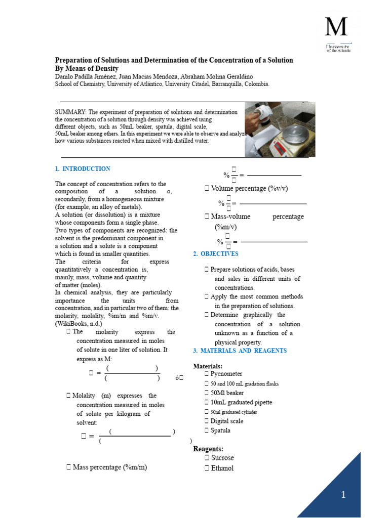 Preparation of Solutions and Determination of The Concentration of A ...