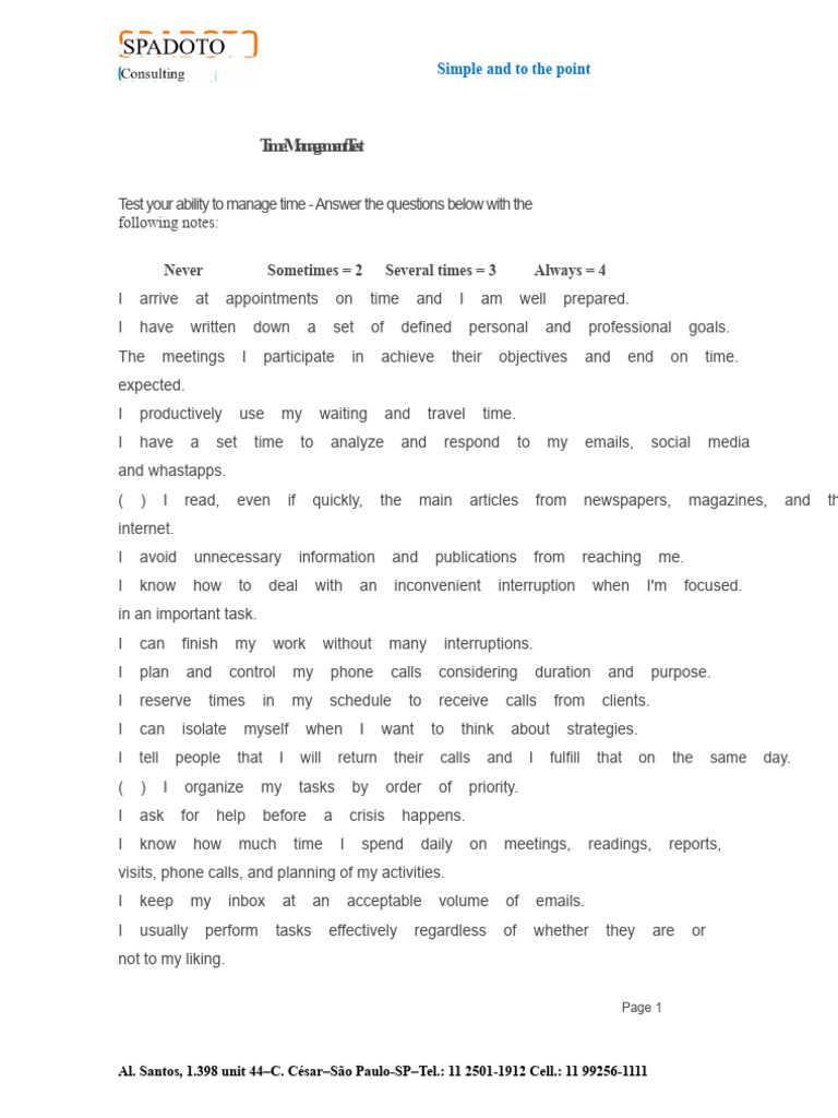 Time Management Test | PDF | Human Communication