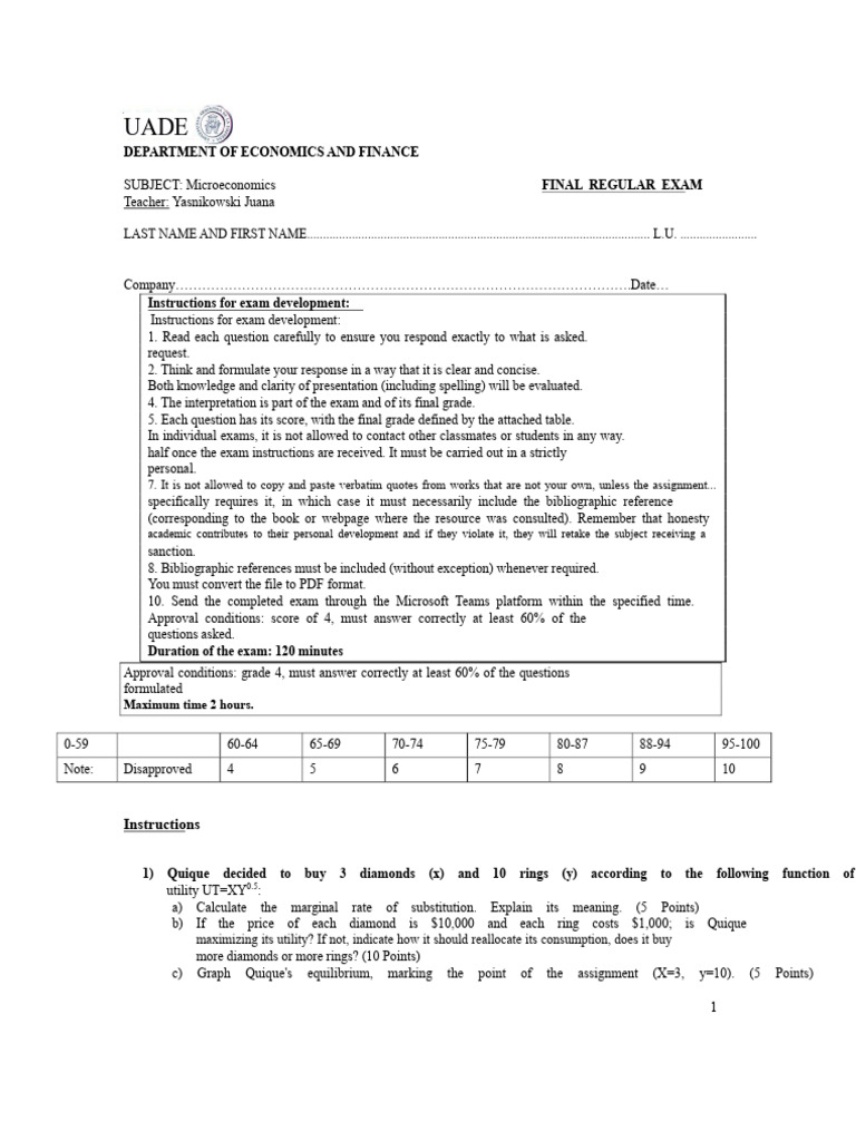 Microeconomics Final Exam Instructions | PDF | Economic Equilibrium ...