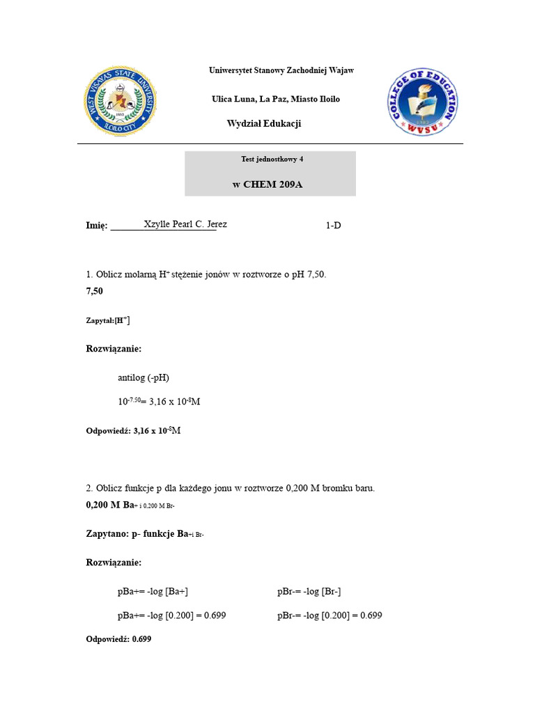 Test Jednostkowy 4 - CHEM 209A | PDF