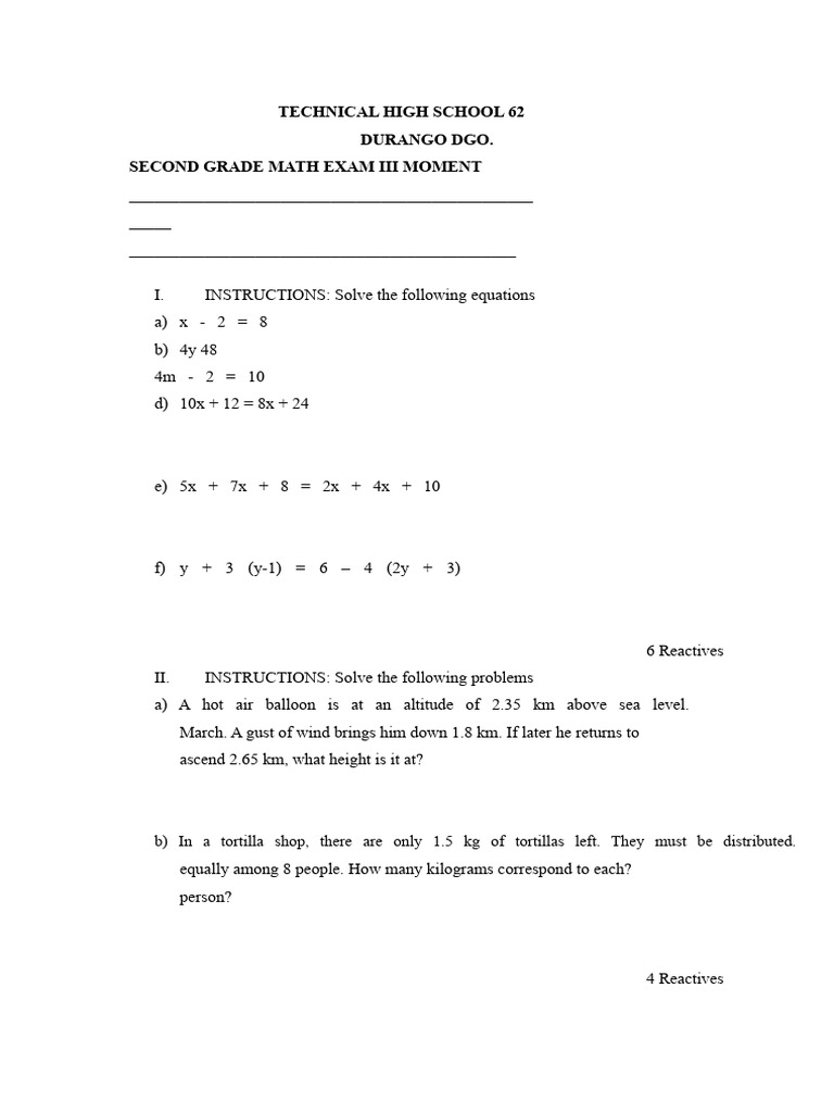 Mathematics Exam 2nd Grade III Moment | PDF