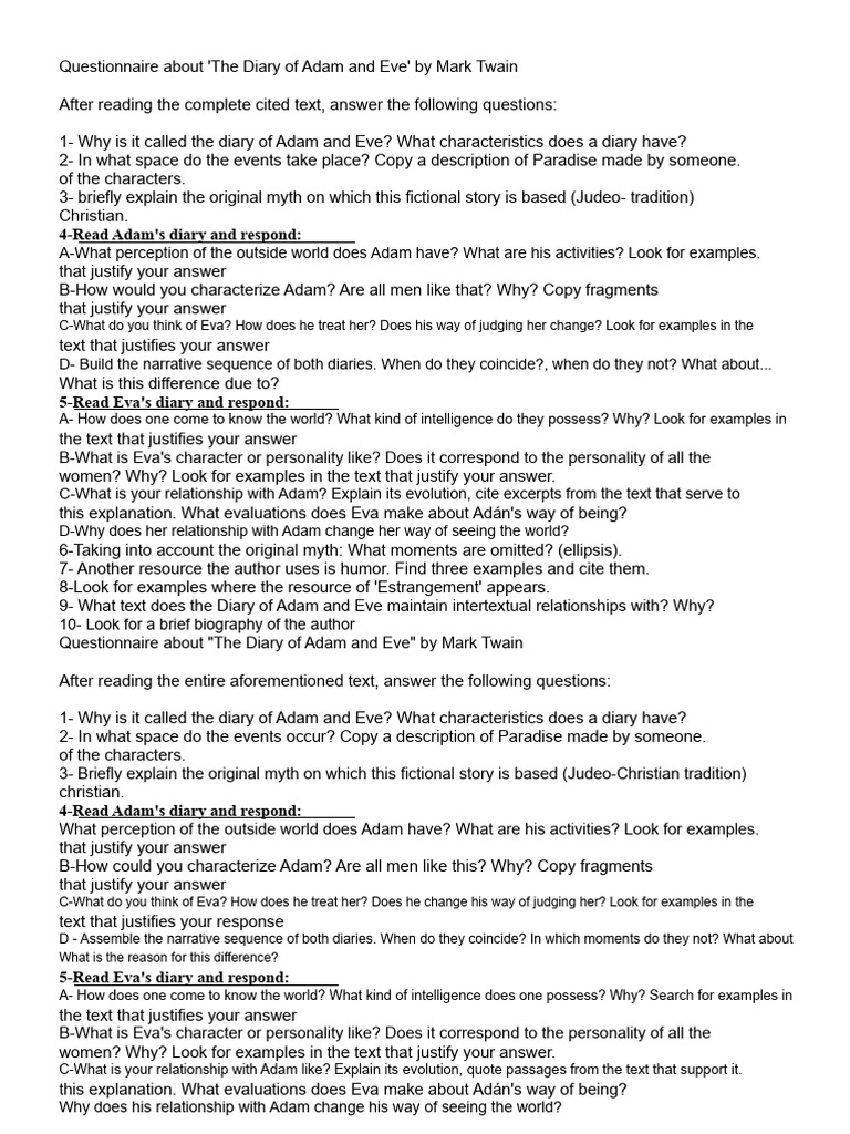 Questionnaire on Twain's Adam and Eve Diary | PDF | Adam And Eve ...