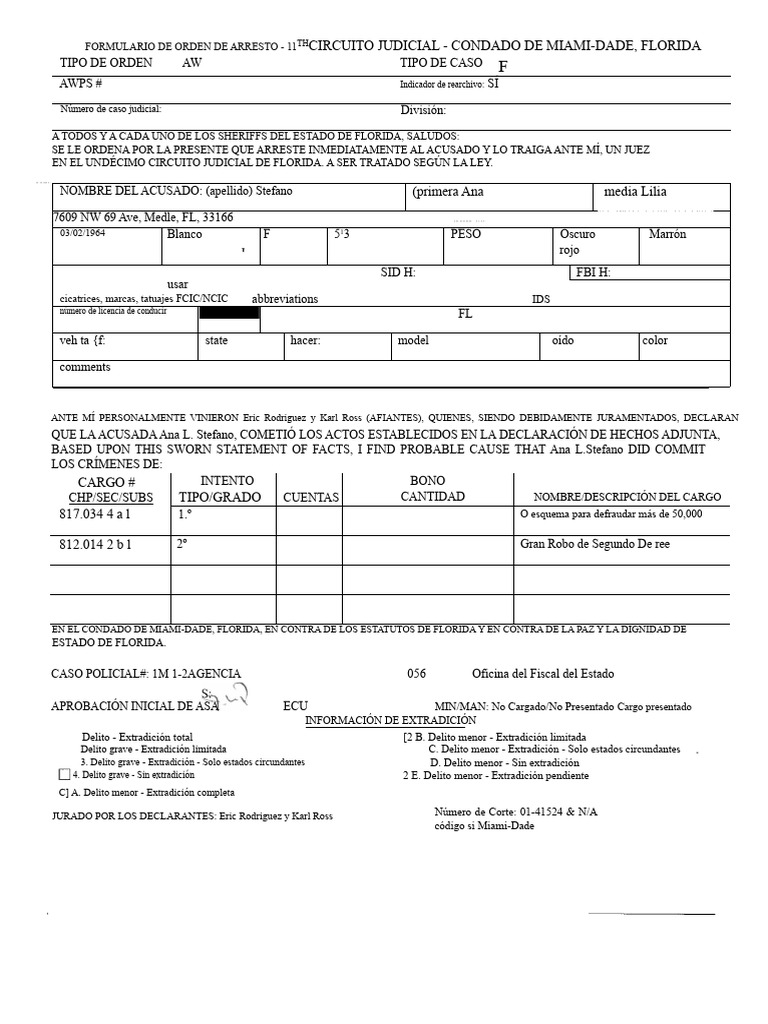 Orden de Arresto Ana L. Stefano Miami-Dade | PDF | Cheque | Pay Pal