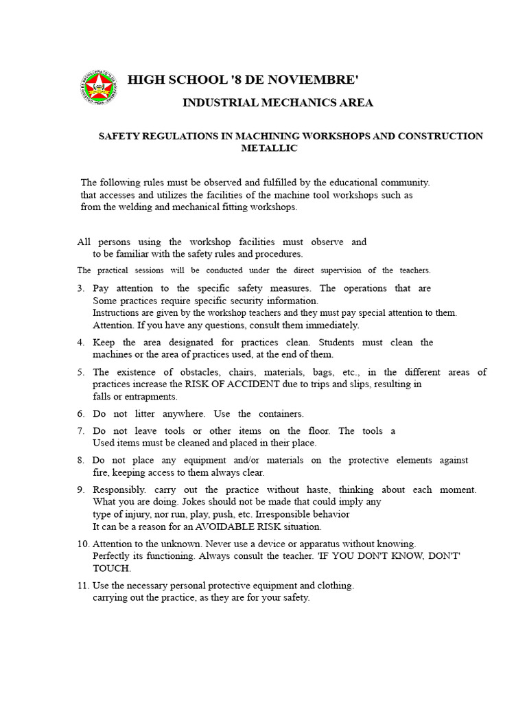 Safety Regulations in Machining Workshops and Metal Constructions | PDF ...