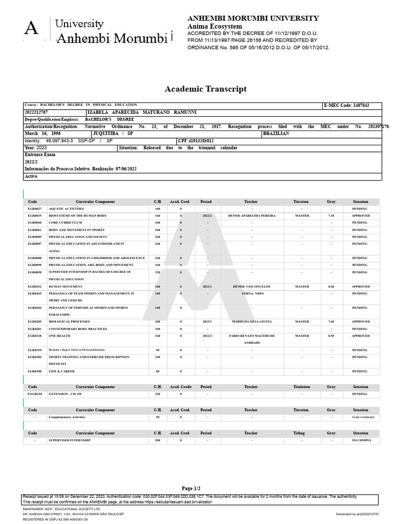 Academic Transcript: Physical Education Degree | PDF | Academia ...