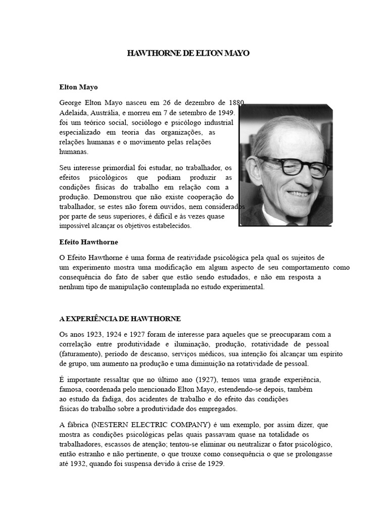 Hawthorne de Elton Mayo | PDF | Conceitos psicológicos | Psicologia