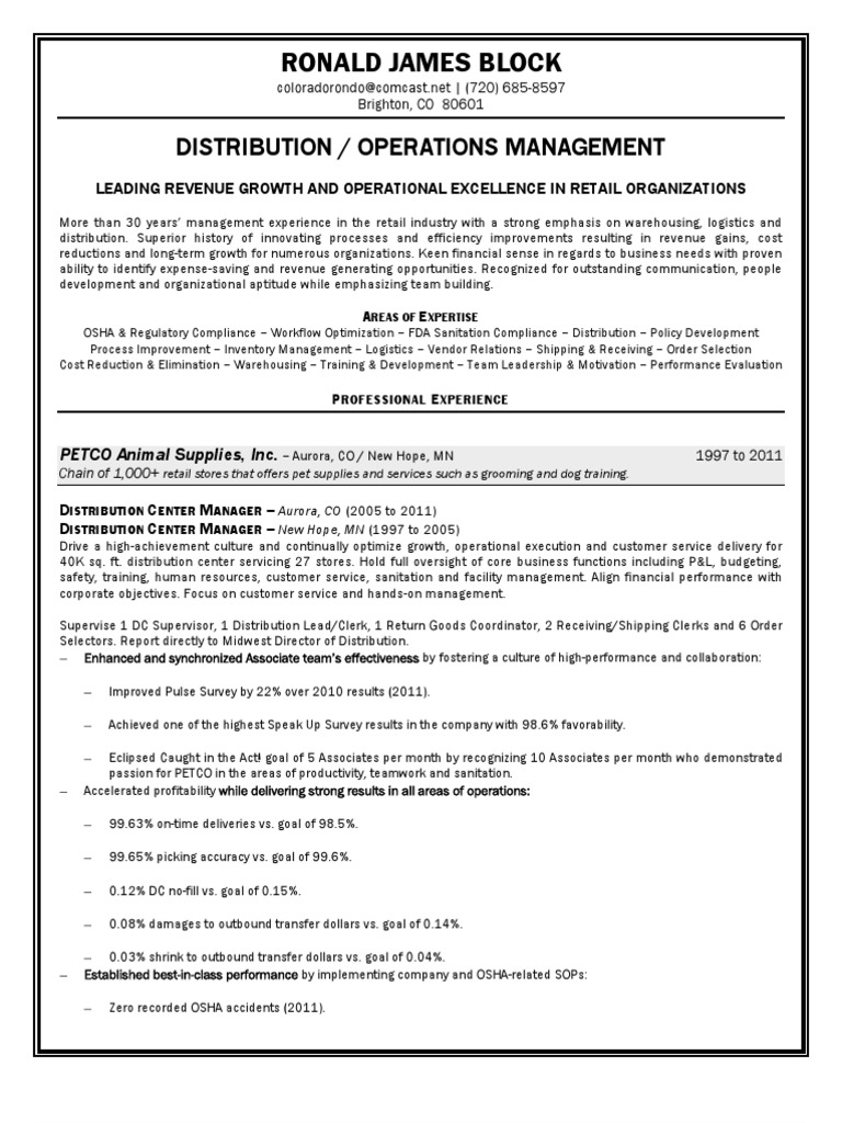 distribution center supervisor resume