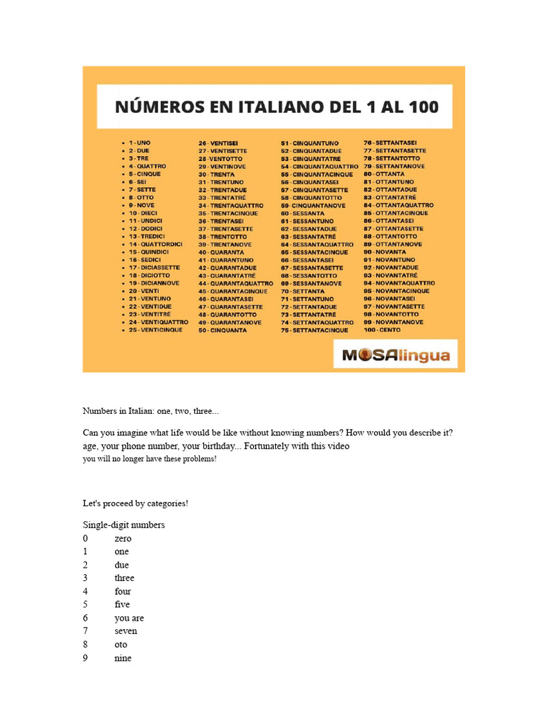 The Numbers in Italian | PDF | Linguistics | Languages
