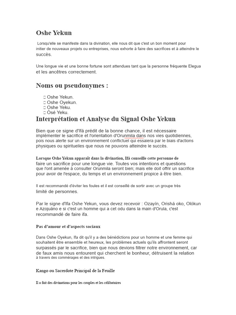 Interprétation d'Oshe Yekun en Ifá | PDF | Santeria