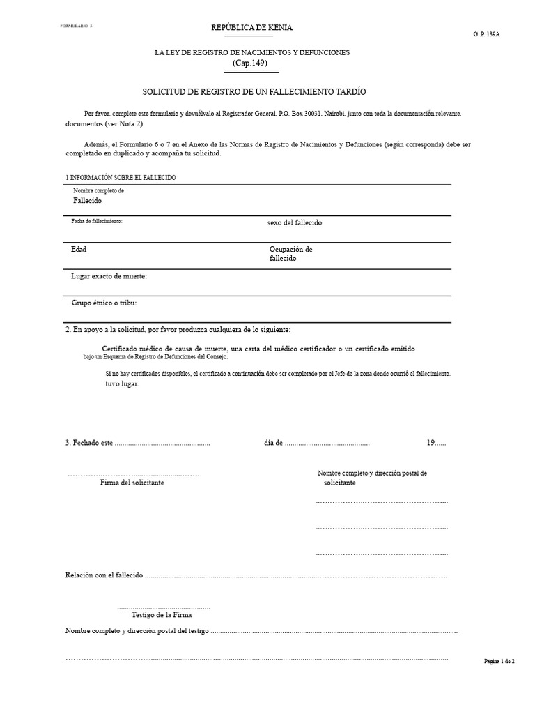 GP139A-Solicitud de Registro de Una Muerte Tardía | PDF