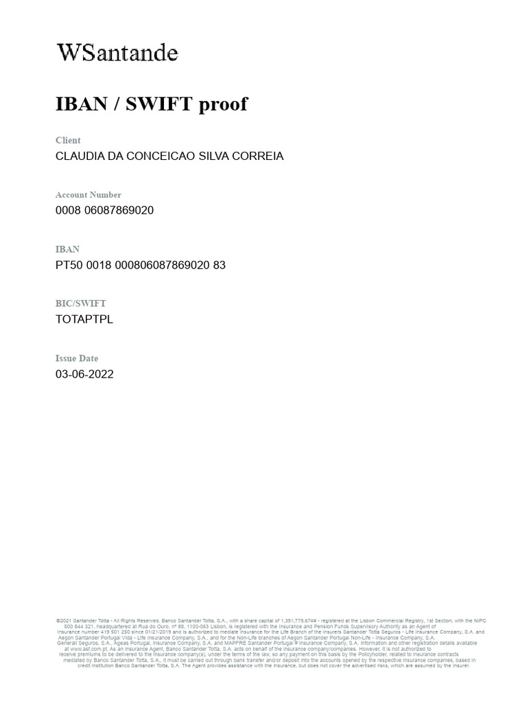 IBAN / SWIFT Proof: Claudia Da Conceicao Silva Correia | PDF