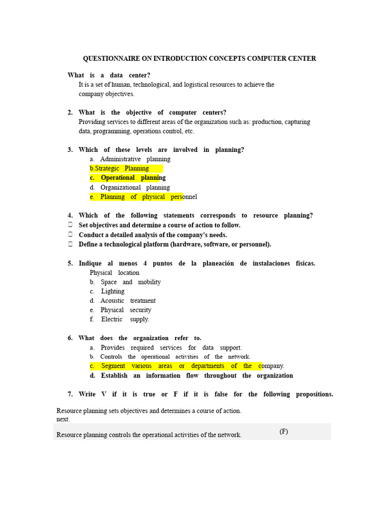 Questions - Concepts of Computer Centers | PDF | Strategic Planning ...