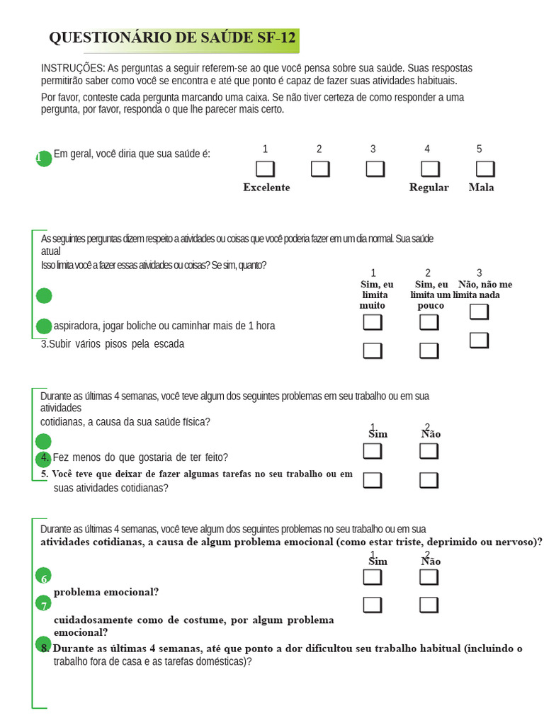 Questionário de Saúde SF-12: Instruções e Uso | PDF | Dor | Física