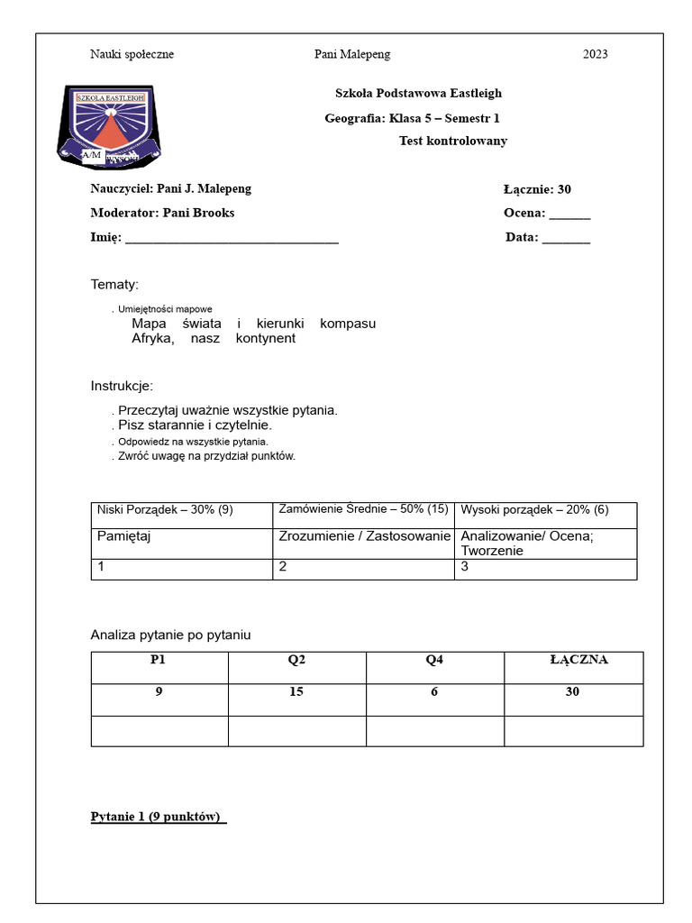 Zadanie Oceniające Z Geografii Klasy 5 Termin 1 | PDF