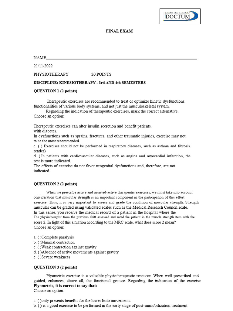 Physiotherapy Final Exam Questions | PDF | Physical Therapy | Diseases ...