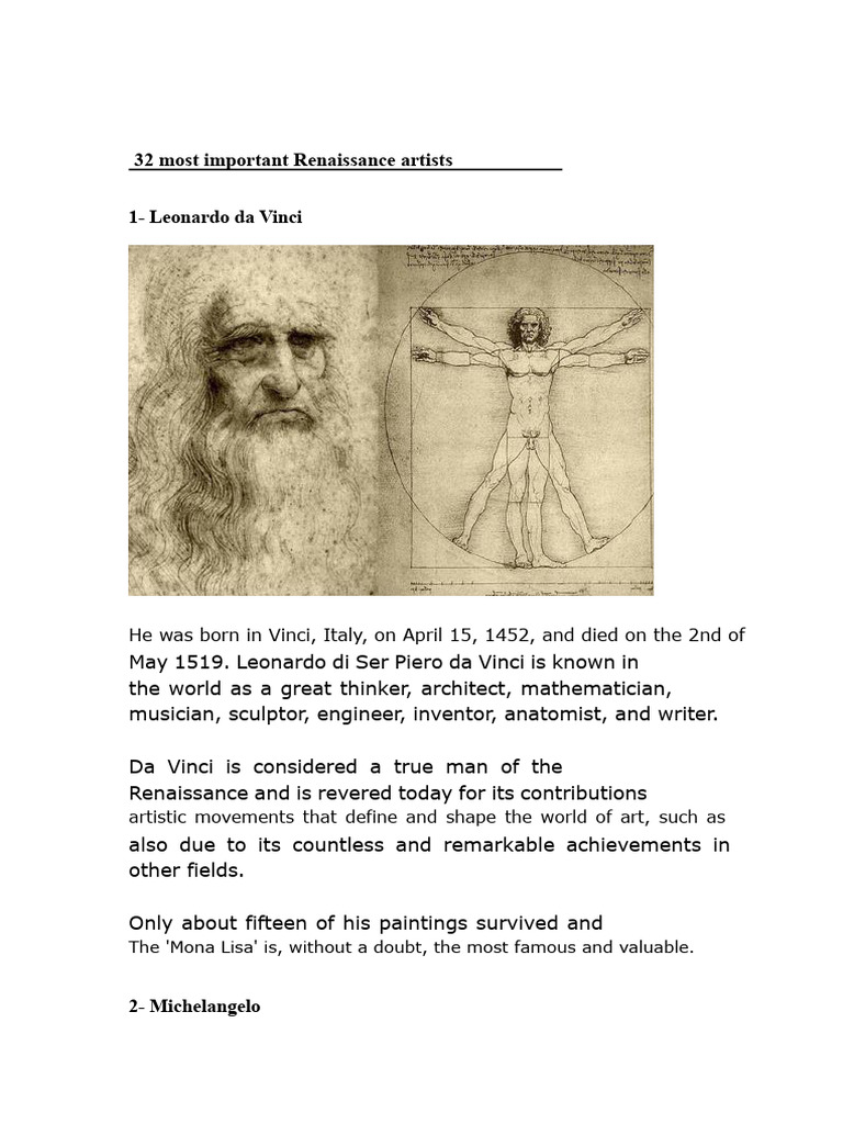 Key Figures of Renaissance Art | PDF | Renaissance Art | Michelangelo