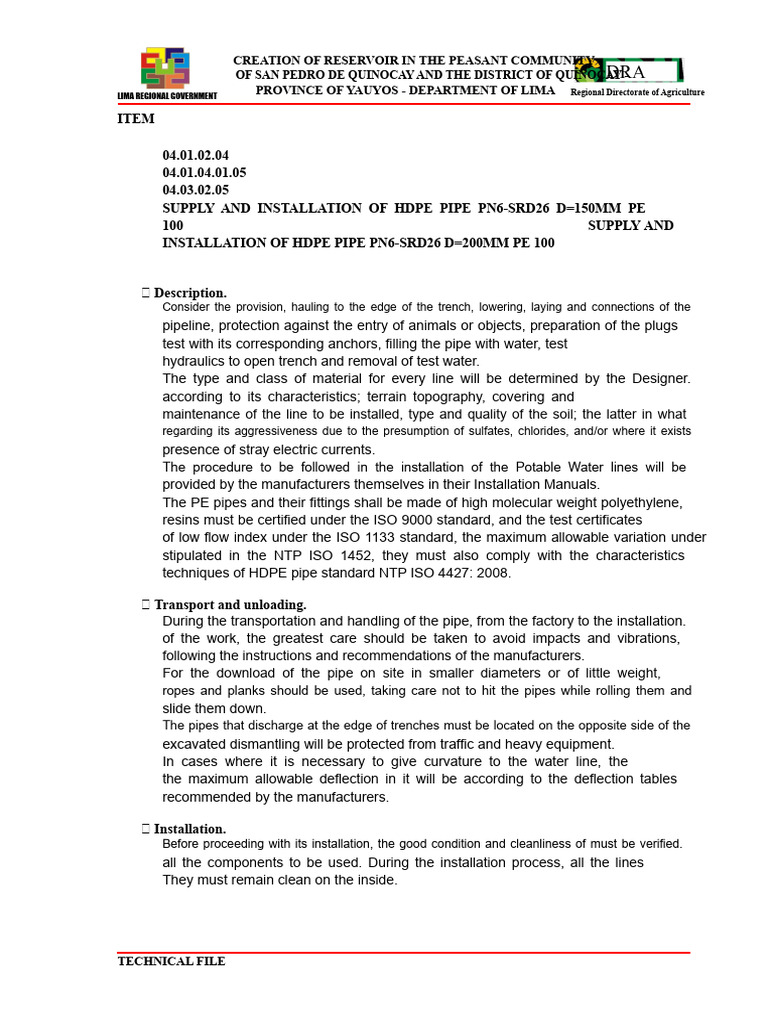 04.01.02.04 Supply and Installation of HDPE Pipe Ok | PDF | Pipe (Fluid ...