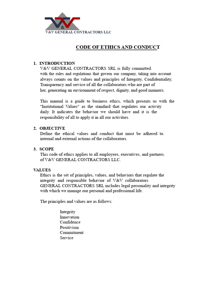 V&V General Contractors Code of Ethics | PDF | Value (Ethics ...