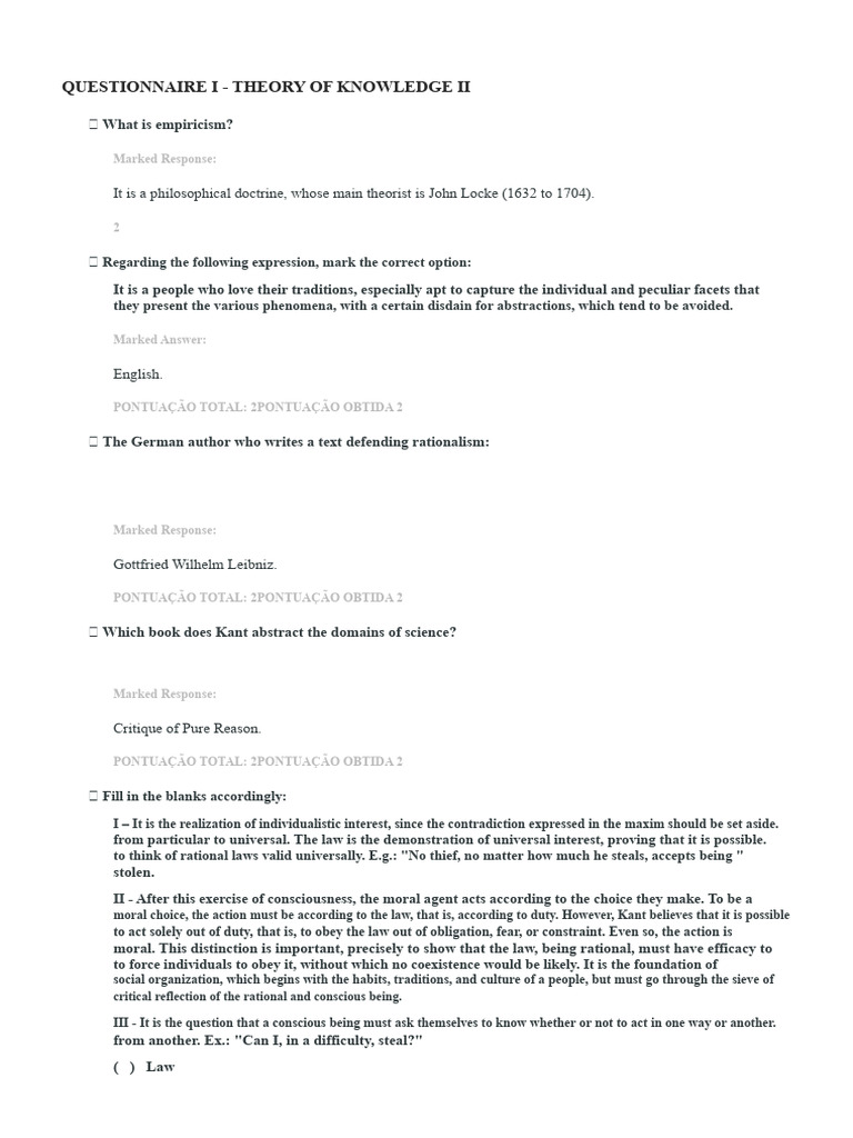 Theory of Knowledge Questionnaire Insights | PDF | Immanuel Kant ...