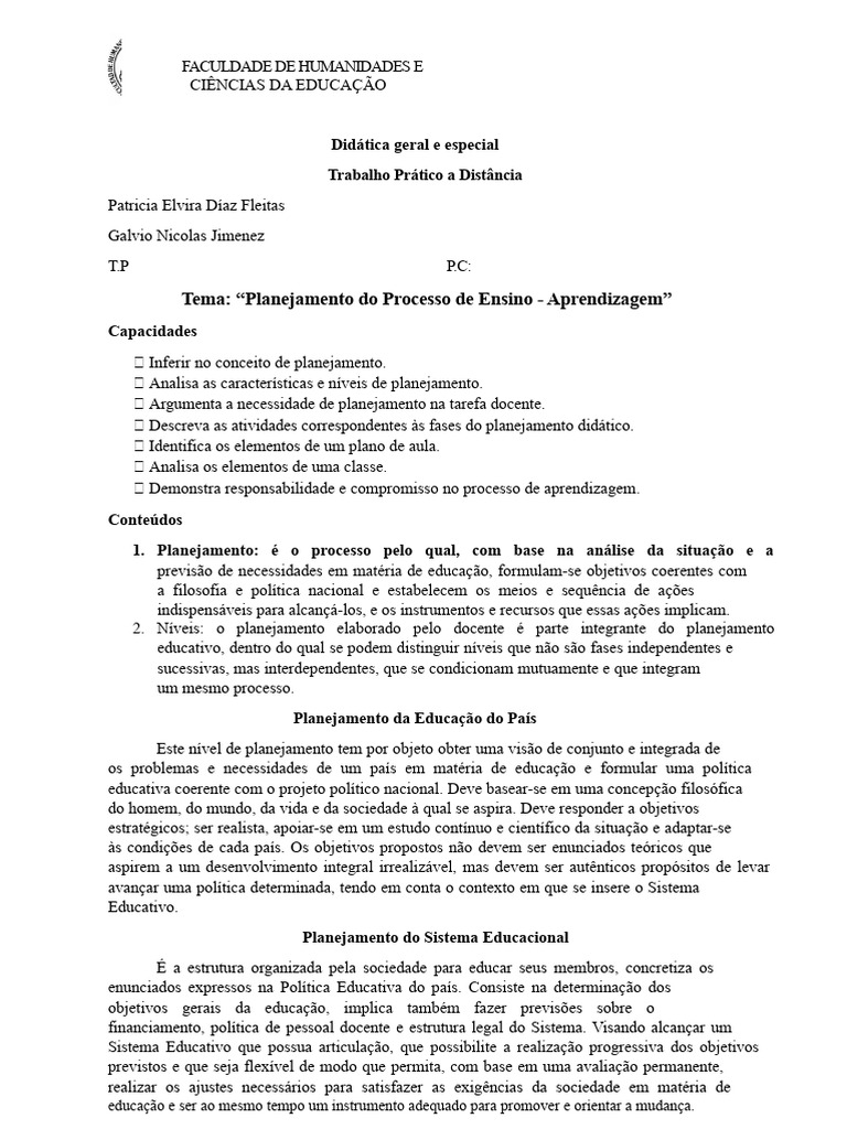 Planejamento do Ensino e Aprendizagem | PDF | Planejamento | Aprendizado