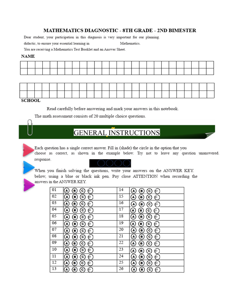 8th Grade Math Diagnostic Test | PDF | Multiple Choice | Mathematics