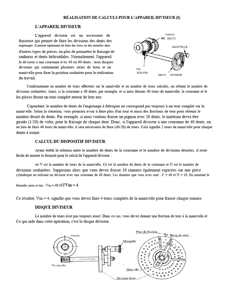 Calculs pour l'appareil diviseur en fraisage | PDF