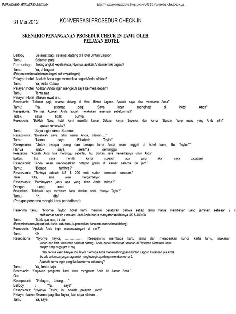 Prosedur Check-In Tamu Hotel Bintan | PDF