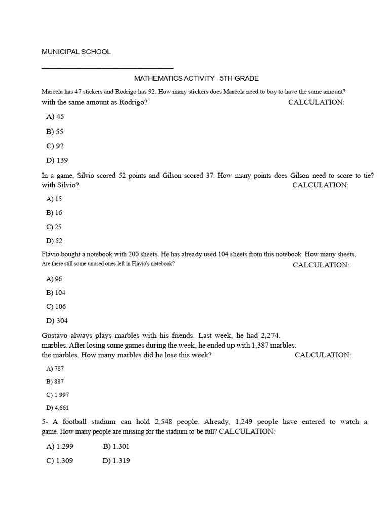 5th Grade Math Activity Questions | PDF | Mathematics