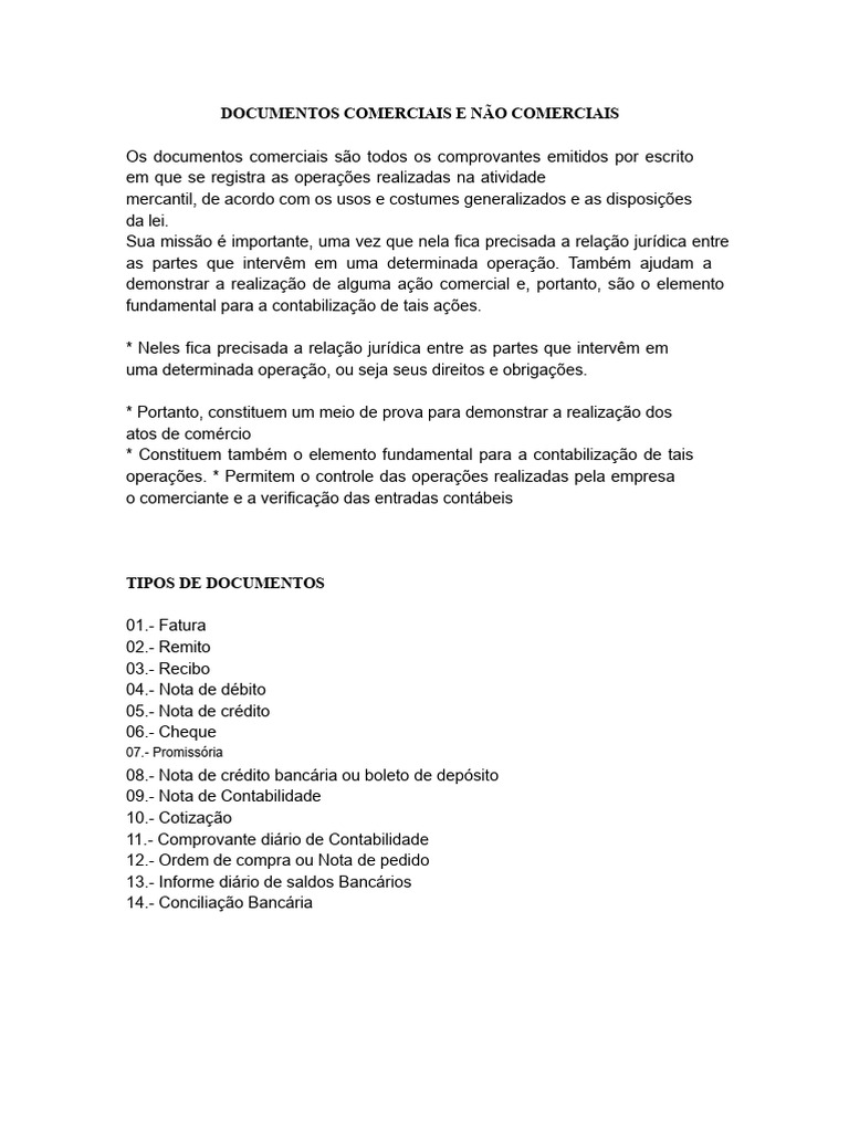 Tipos de Documentos Comerciais e Suas Funções | PDF | Cheque (banco ...