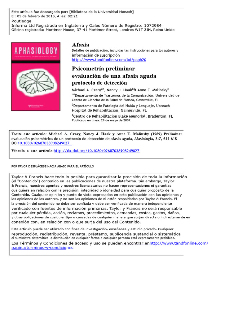 Protocolo de Evaluación de Afasia Aguda (PEAA) | PDF