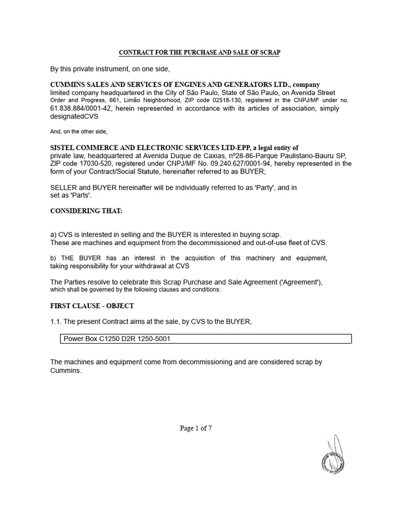 Model of Scrap Purchase and Sale Contract | PDF | Employment | Bankruptcy