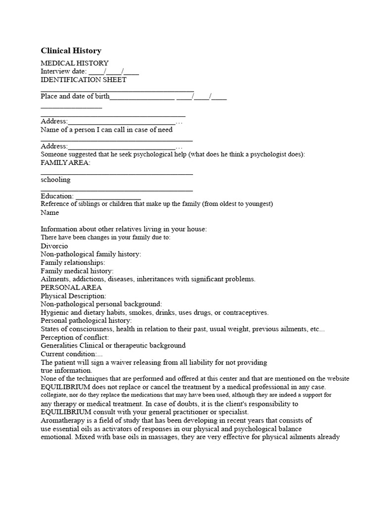 Comprehensive Clinical History Template | PDF | Massage | Aromatherapy