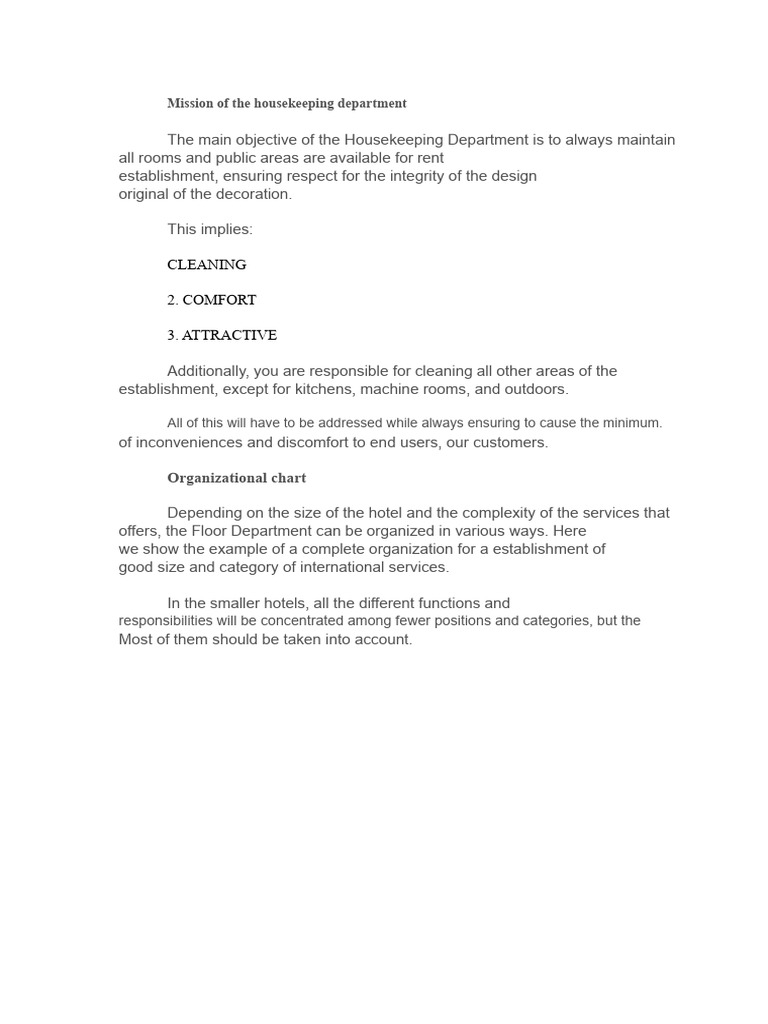 Housekeeping Department Mission & Structure | PDF | Housekeeping | Hotel