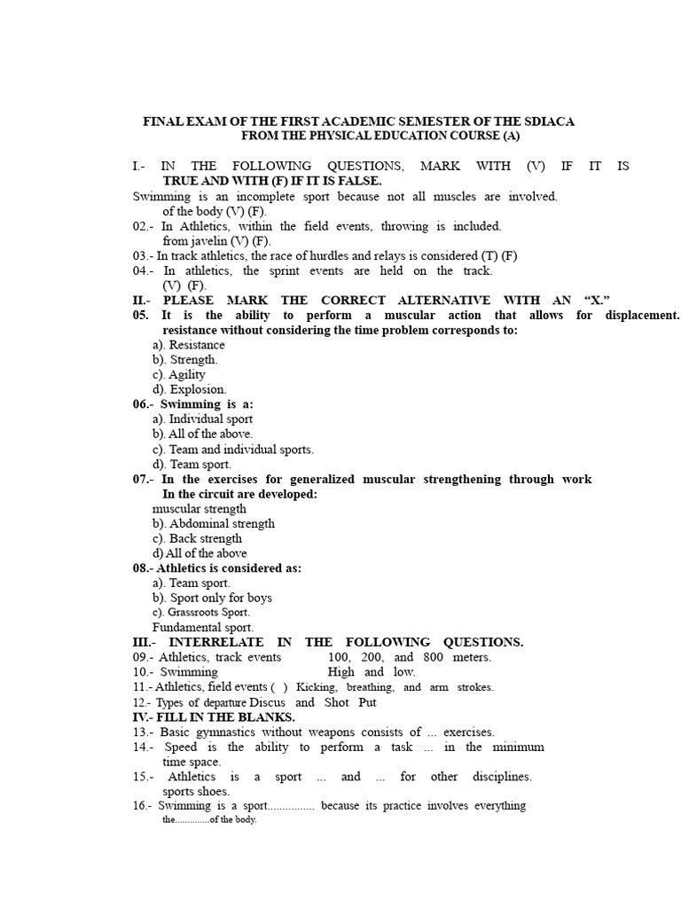 Physical Education Final Exam Questions | PDF | Track And Field ...