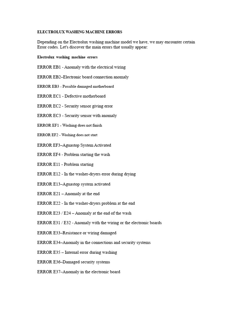 Electrolux Washer Errors | PDF