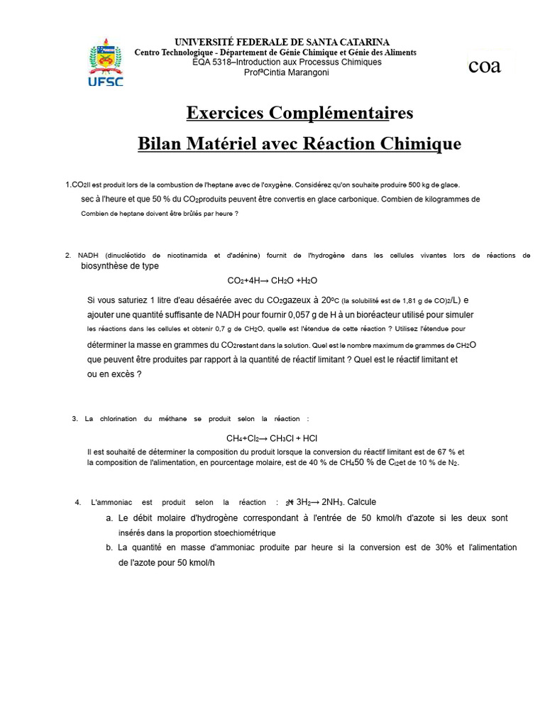 Exercices sur les Réactions Chimiques | PDF | Chimie | Dioxyde de carbone