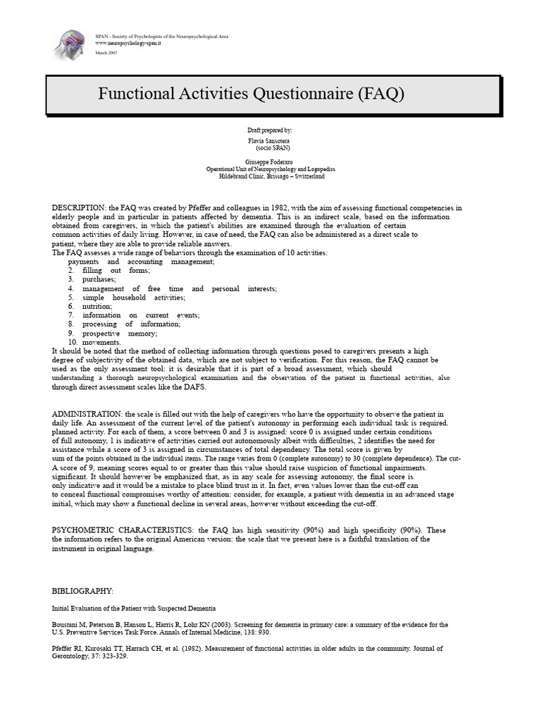 Functional Activities Questionnaire Overview | PDF | Dementia | Caregiver