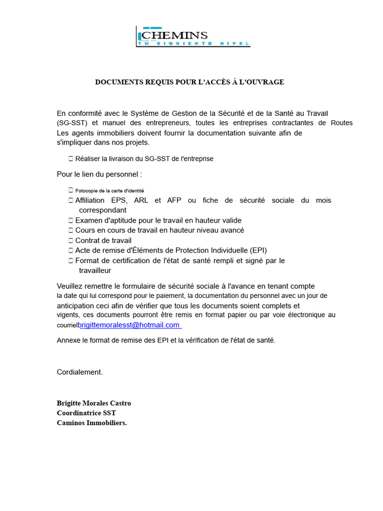 Documents requis pour accès aux projets SST | PDF
