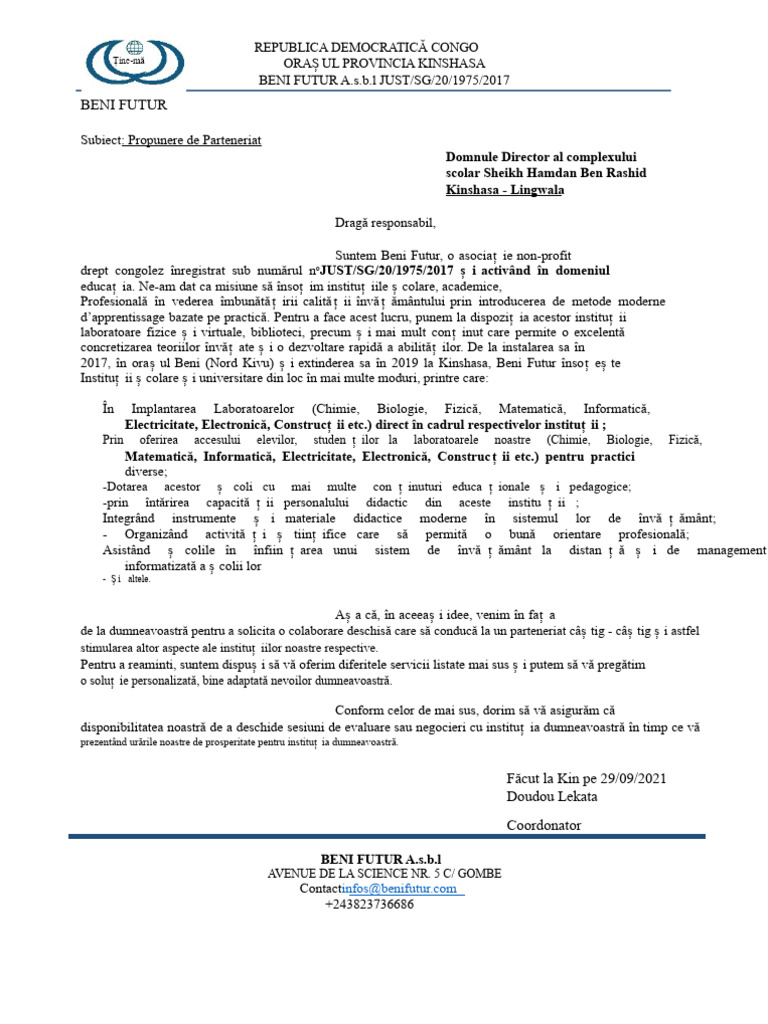Model Scrisoare de Solicitare A Parteneriatului | PDF