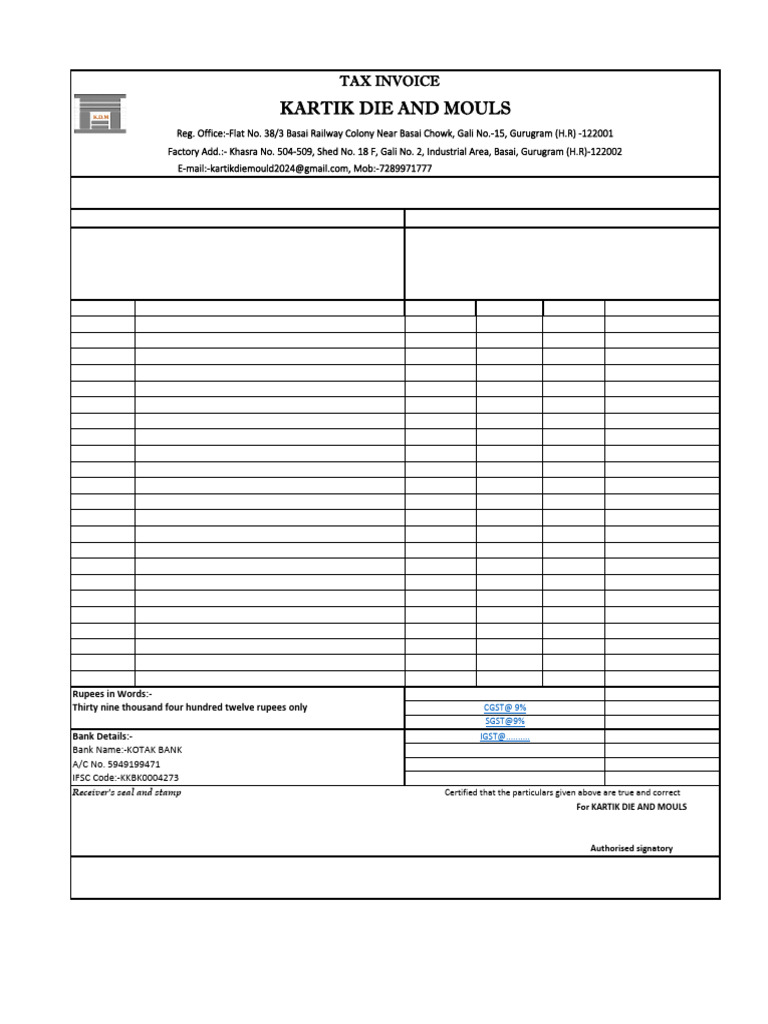 Tax Invoice for Mould Supply - 39412 INR | PDF | Narendra Modi ...