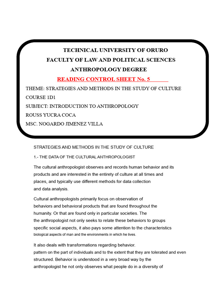 Culture Study Methods in Anthropology PDF Anthropology Cultural