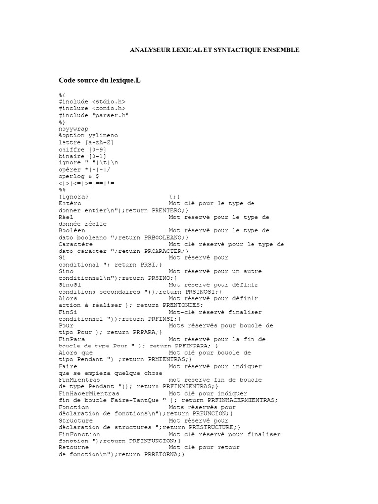 Analyseur lexical et syntaxique en C | PDF | Analyse syntaxique ...
