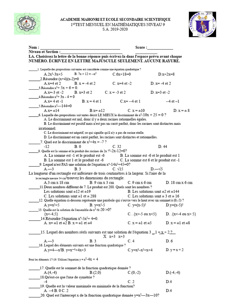 Test Mensuel de Mathématiques Niveau 9 | PDF | Équation du second degré ...